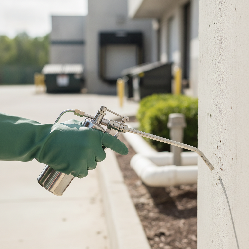 Commercial Pest Control no peoples face just hand wearing long green gloves